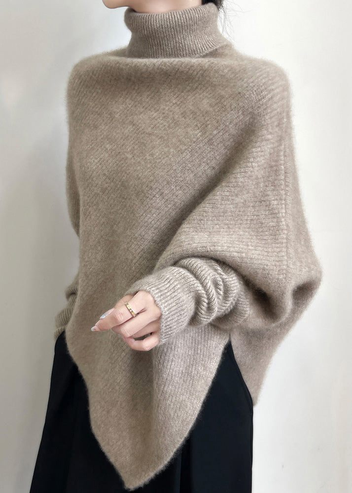 Original Light Camel Turtleneck Cozy Woolen Sweater Tops Batwing Sleeve Winter