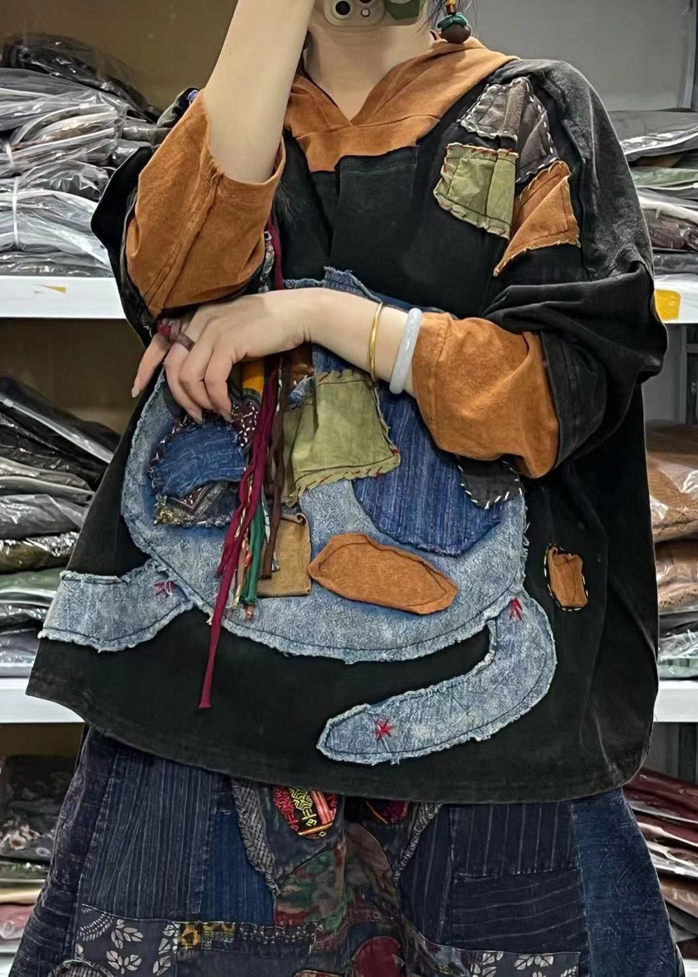 Black Hooded Patchwork Cotton Tops Long Sleeve