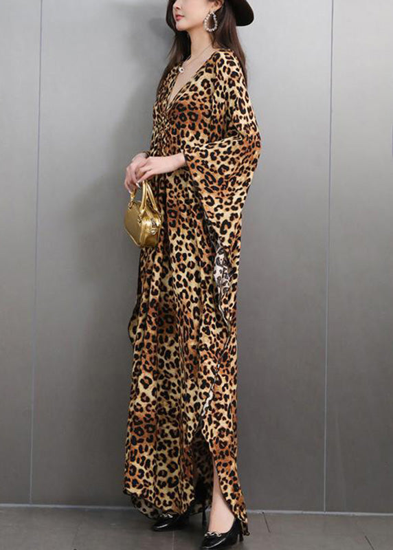 Italian Leopard V Neck Side Open Maxi Dress Batwing Sleeve Fall