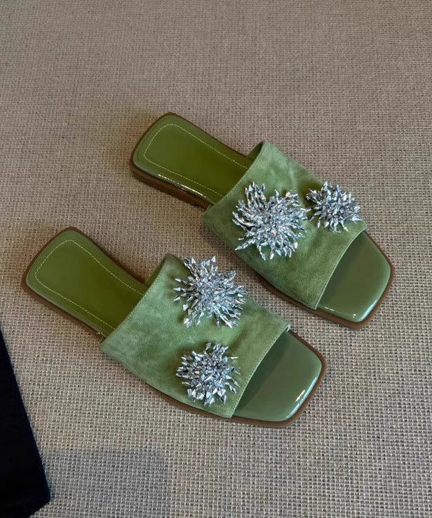 Italian Splicing Green Cowhide Leather Slide Sandals Peep Toe