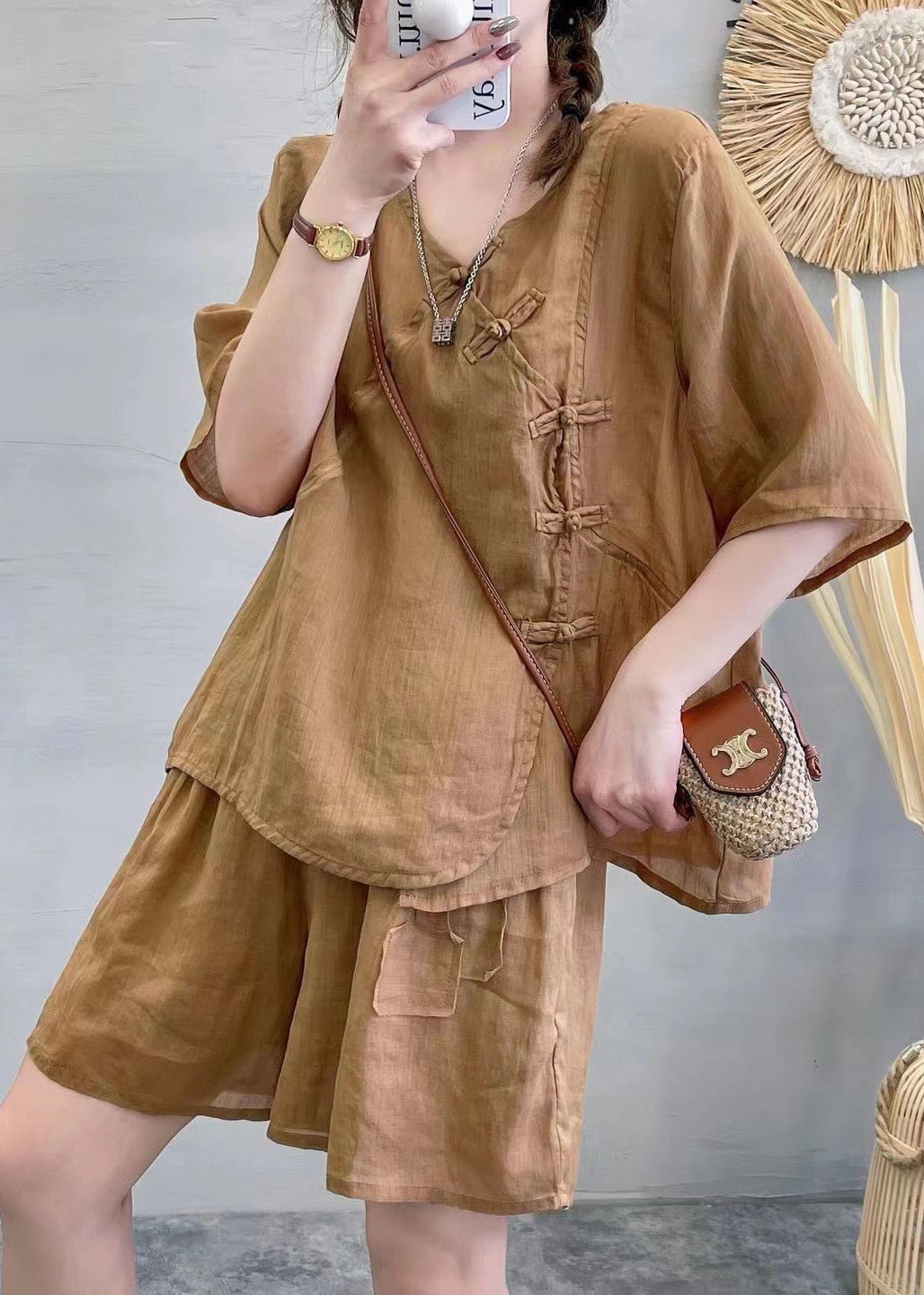 New Green V Neck Button Linen Two-piece Set Summer