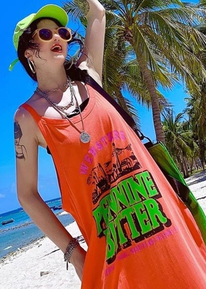 Orange Oversized Print Cotton Vacation Sundresses Summer