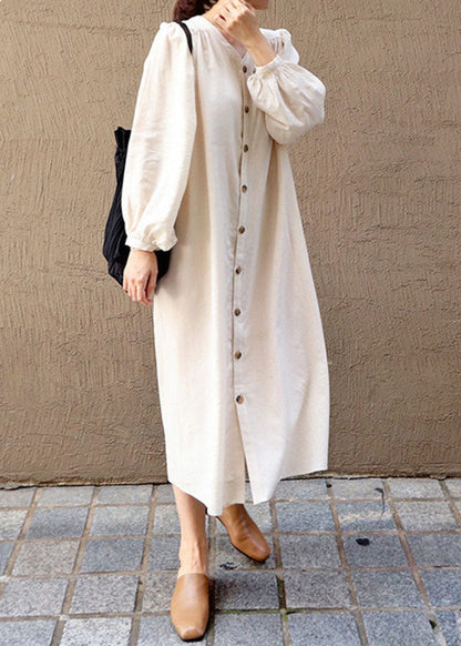 Apricot V Neck Wrinkled Patchwork Cotton Dresses Lantern Sleeve