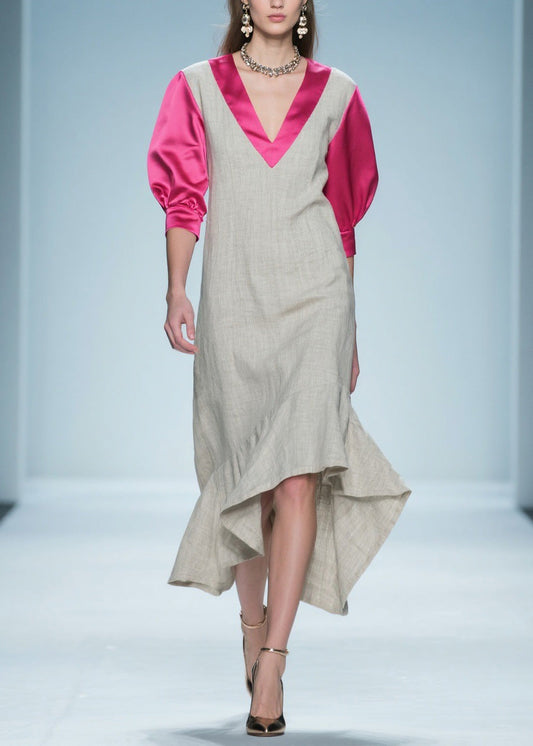 Colorblock Ruffled Patchwork Linen Silk Long Dress Summer