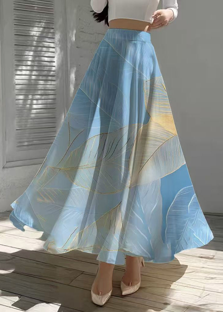 Sea Blue Leaf Print Chiffon Holiday Skirt Fall