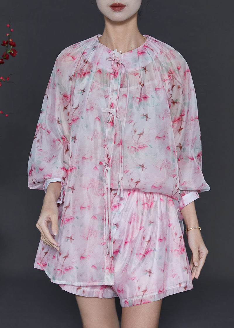 Pink Tasseled Print Chiffon Two Pieces Set Summer