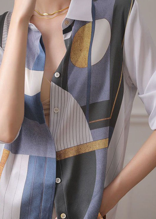 White Print Button Patchwork Silk Shirt Tops Spring