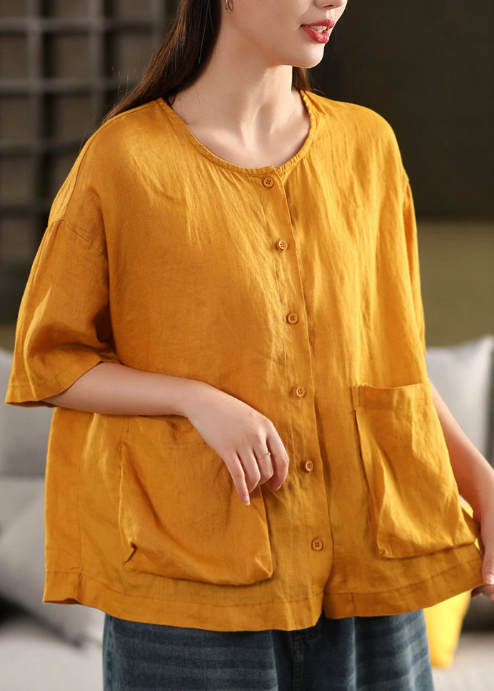 Yellow O Neck Button Pockets Linen Shirt Tops Summer