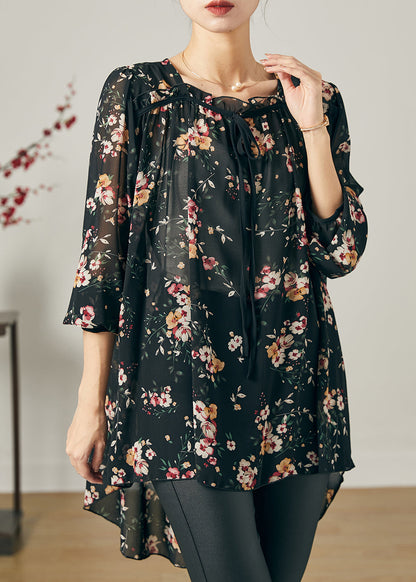 Black Oversized Print Chiffon Shirt Summer