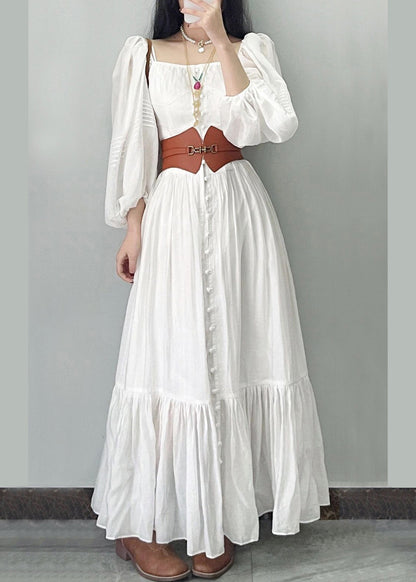 French Square Neck Bubble Sleeve White Vacation Dress Fall
