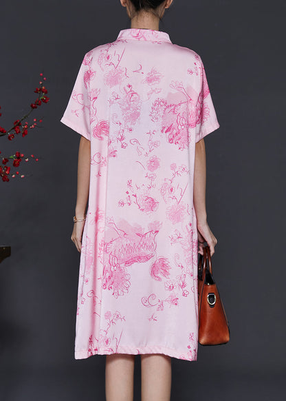 Pink Mandarin Collar Print Silk Dresses Summer
