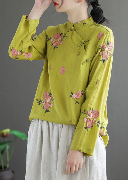 Fitted Yellow Mandarin Collar Embroideried Linen Blouse Top Long Sleeve