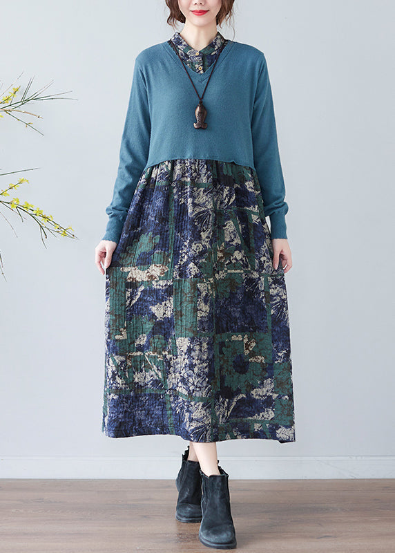 Blue Stand Collar Button Patchwork Long Dresses Long Sleeve