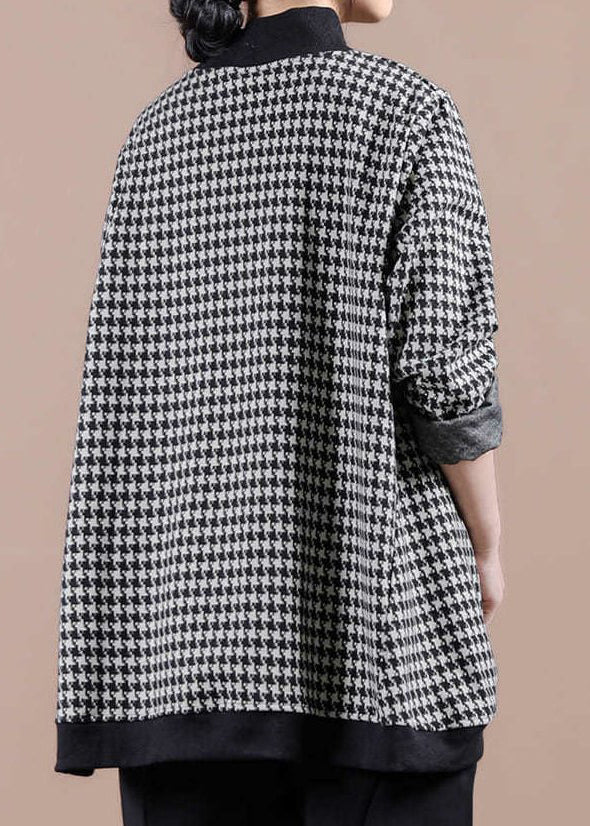 White Plaid Turtleneck Pockets Patchwork Top Long Sleeve