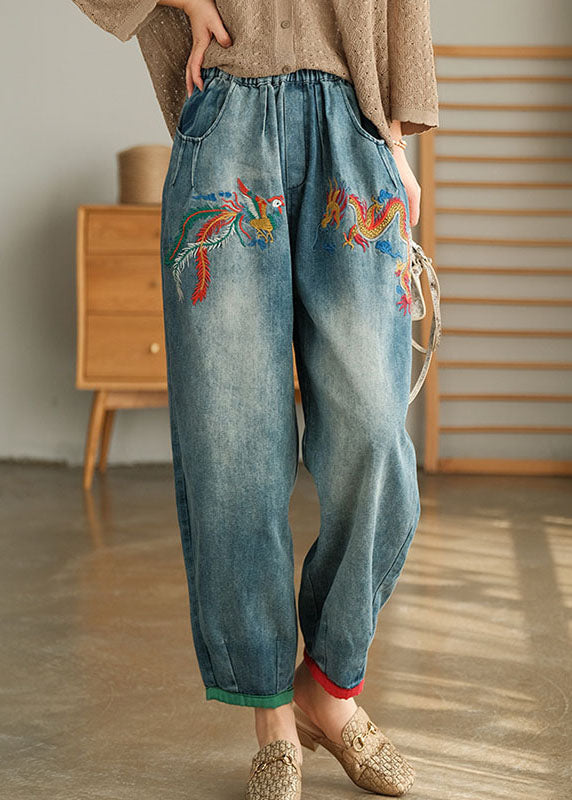 Unique Blue Pockets Embroideried Harem Fall Denim Pants