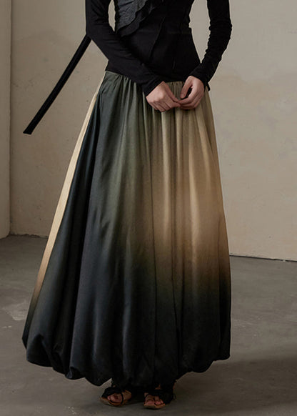 Gradient Color Patchwork Elastic Waist Silk Cotton Maxi Skirt Fall
