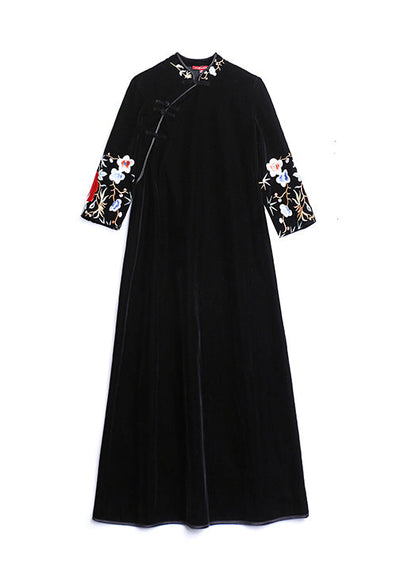 Black Stand Collar Embroideried Patchwork Velour Dress Fall