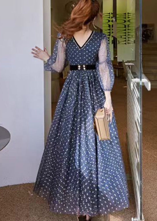 Blue V Neck Print Wrinkled Tulle Dress Long Sleeve