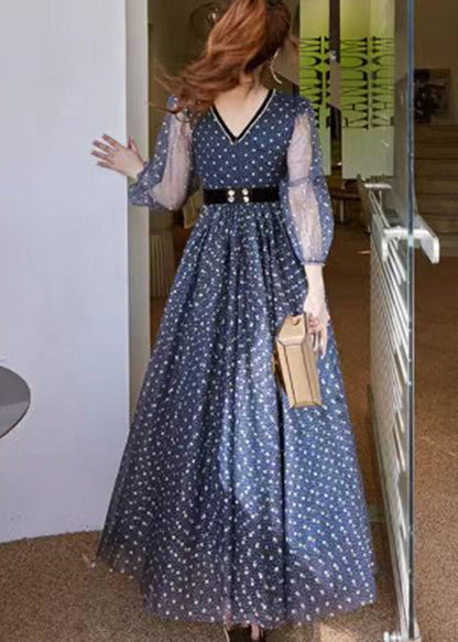 Blue V Neck Print Wrinkled Tulle Dress Long Sleeve