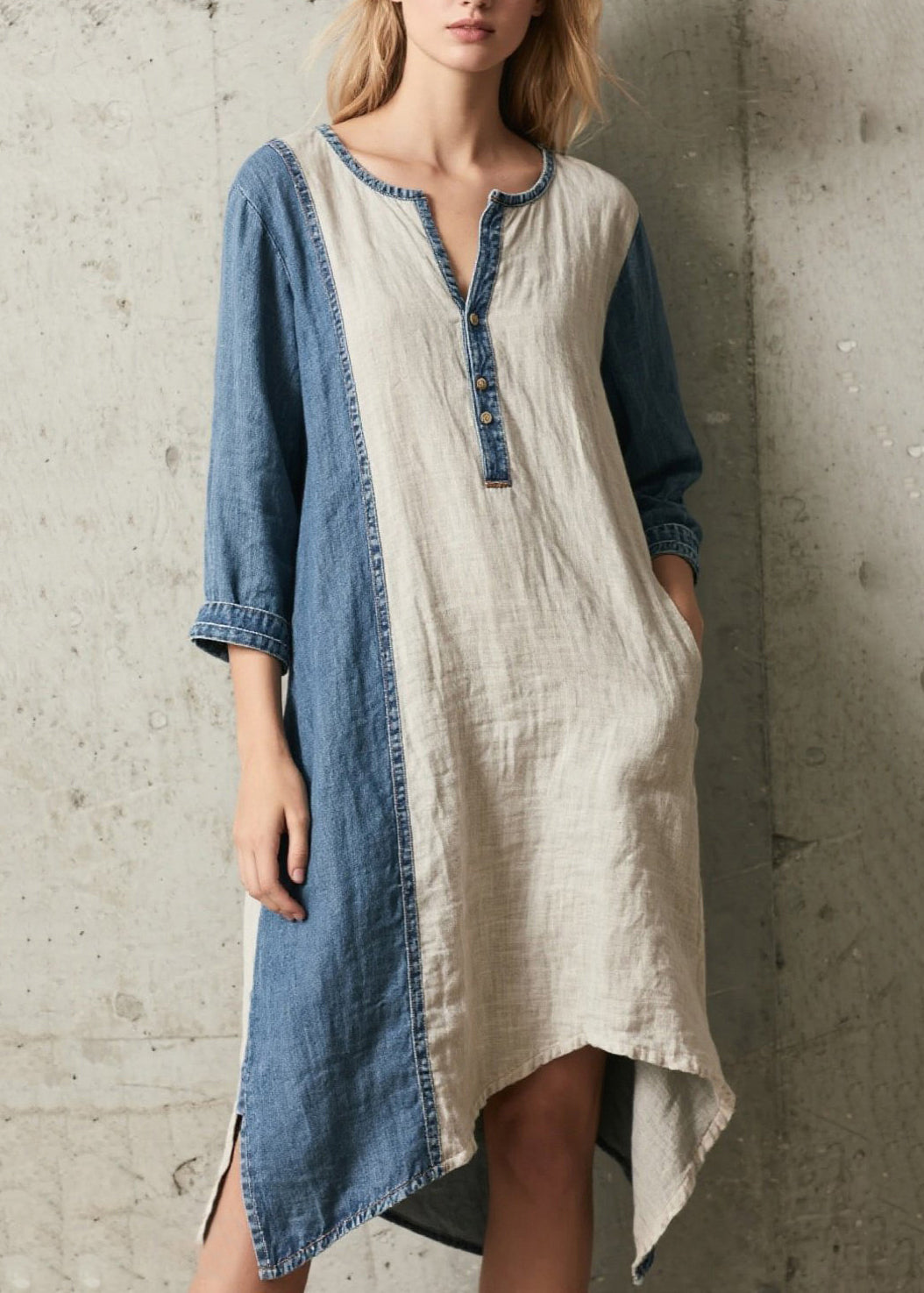 Handmade Denim Blue Oversized Patchwork Cotton Dresses Bracelet Sleeve