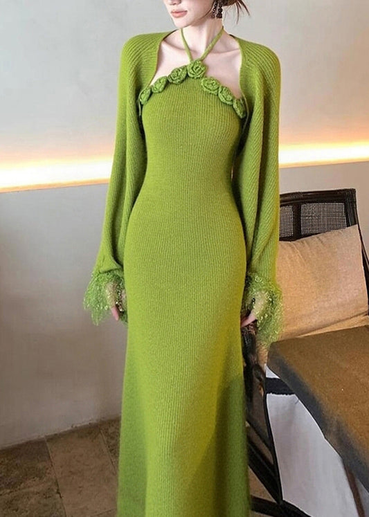 Green Patchwork Halter Cotton Knit Cardigans and Maxi Dress Two Pieces Set Flare Sleeve