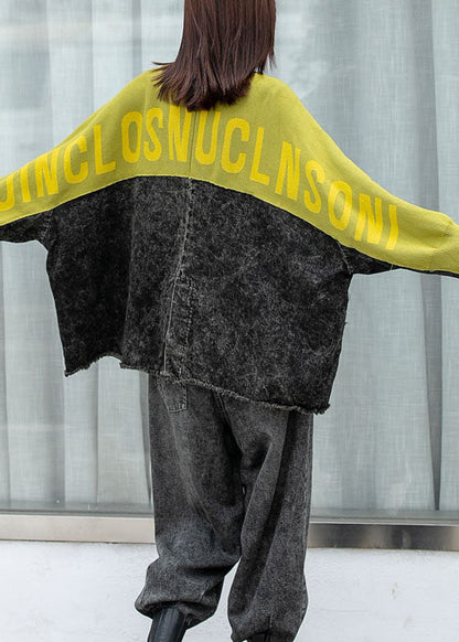 Street Denim Bat Wing Sleeve Patchwork Knit Button Fall Coat