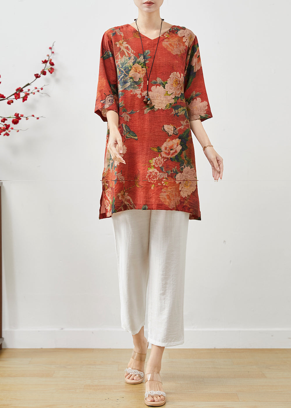 Red Oversized Print Linen Two-piece Set Summer