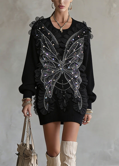 Black O-neck Sequins Top Lantern Sleeve
