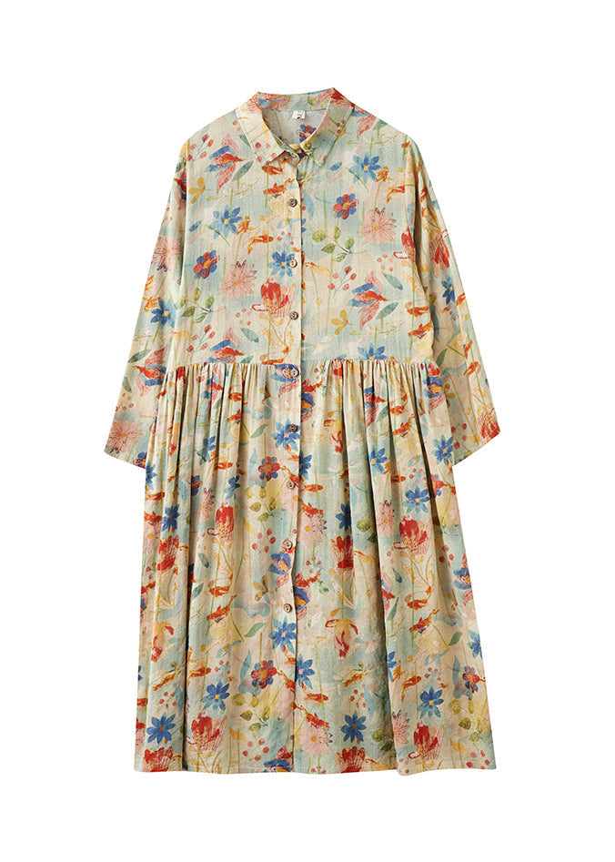 Peter Pan Collar Print Wrinkled Cotton Dress Fall