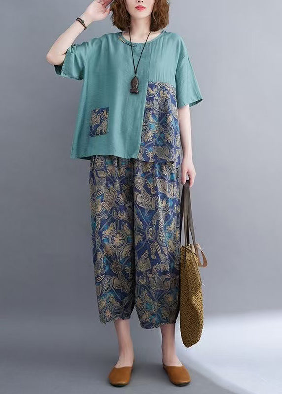 Blue Asymmetrical Patchwork Cotton Two Pieces Set Summer