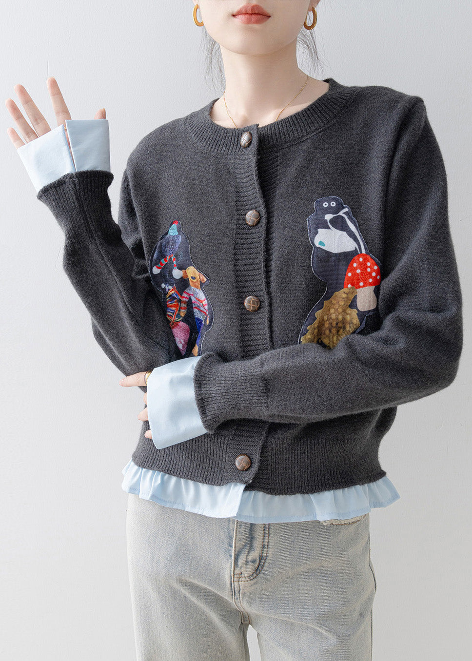 Grey Oversized Patchwork Knit Fake Two Piece Cardigan Winter