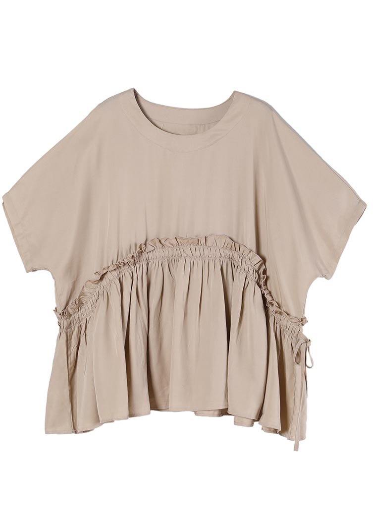 Unique Khaki O-neck Cotton Loose Top Summer