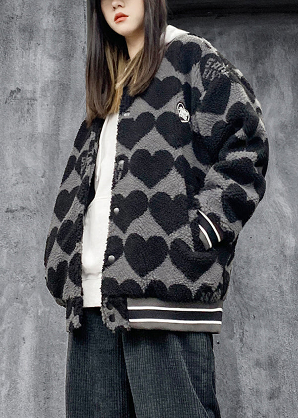Black Print Pockets Patchwork Faux Fur Cotton Filled Jackets Winter