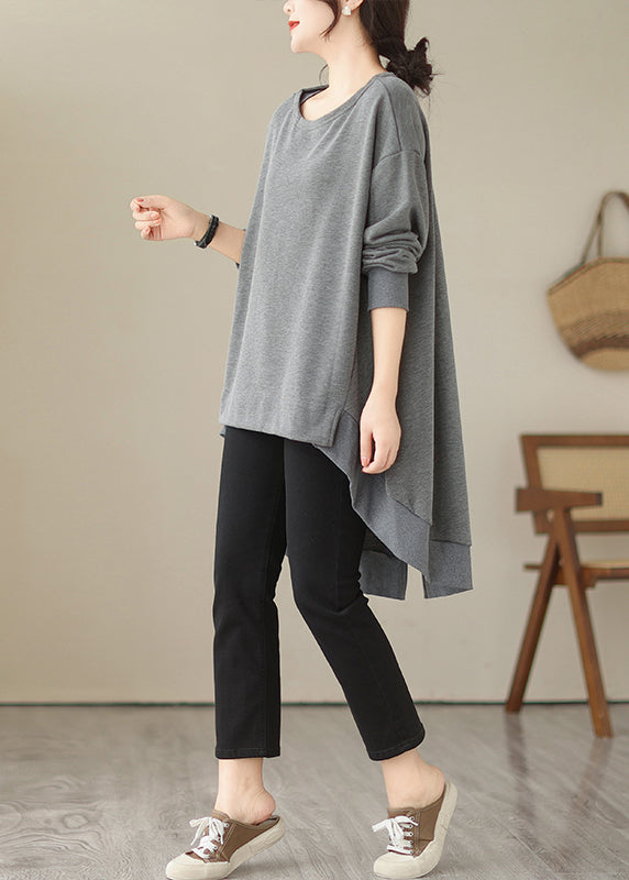 Black O Neck Low High Design Cotton Tops Spring