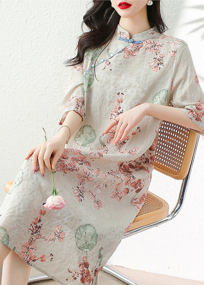 Apricot Button Print Linen Dress Half Sleeve