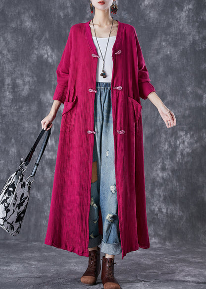 Rose Chinese Button Wrinkled Linen Long Cardigan Fall