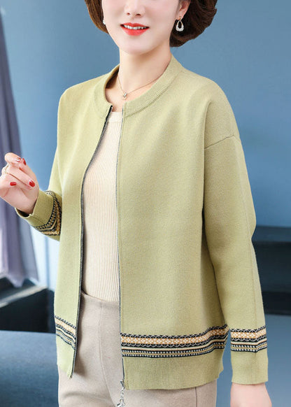 Green O-neck Zip Up Woolen Jackets Long Sleeve