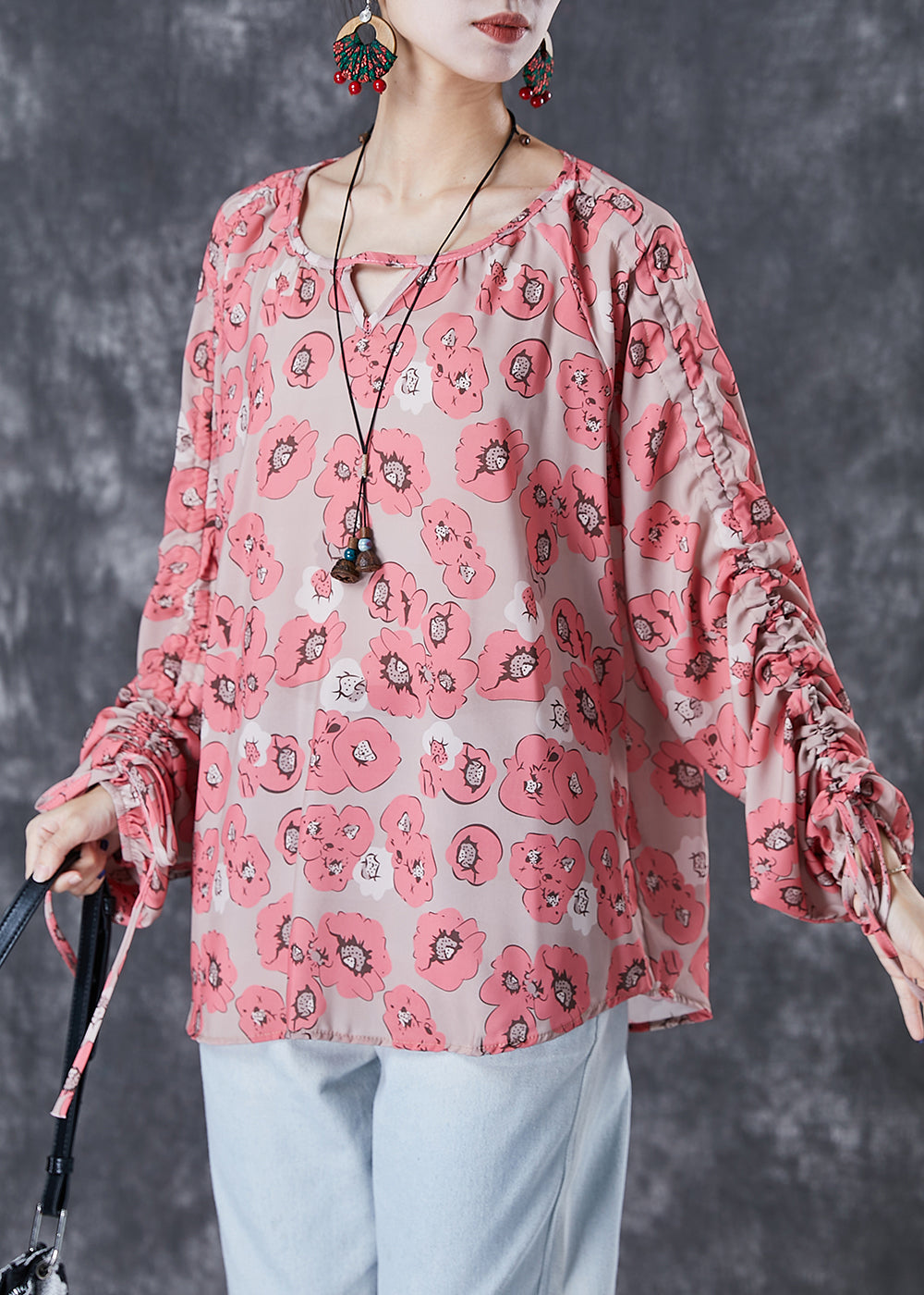 Red Cinched Print Shirt Top Fall