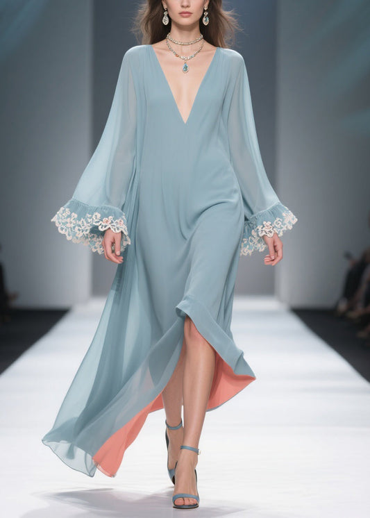 Loose Blue V Neck Chiffon Maxi Dresses Flare Sleeve
