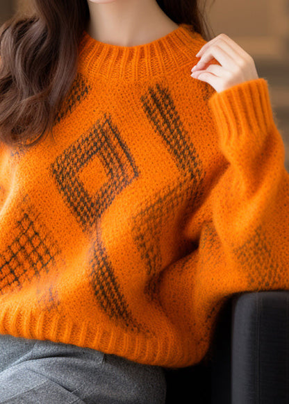 Orange O Neck Cozy Thick Cotton Knit Sweaters Long Sleeve