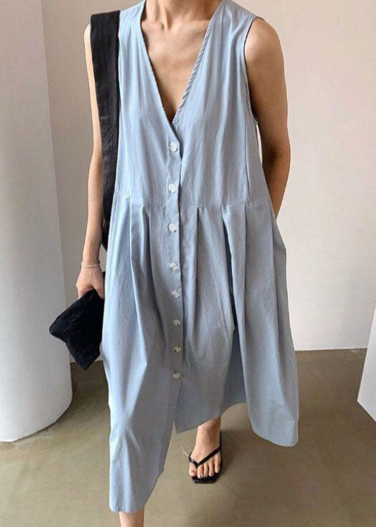 Blue Wrinkled Button Patchwork Wear on Both Sides Cotton Dresses Sleeveless