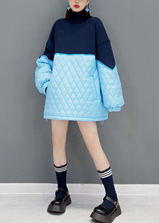 Blue Loose Knit Patchwork Fine Cotton Filled Dresses Spring