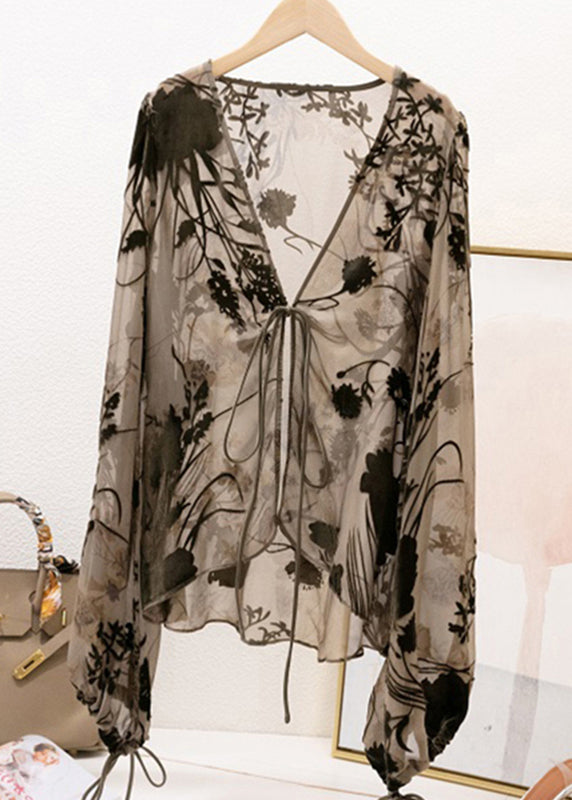 Art Grey V Neck Tie Lace Tulle Top Lantern Sleeve