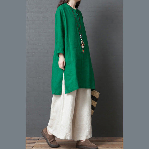 Green Linen Outfit Fabrics Chinese Button Short Side Open Dress Spring