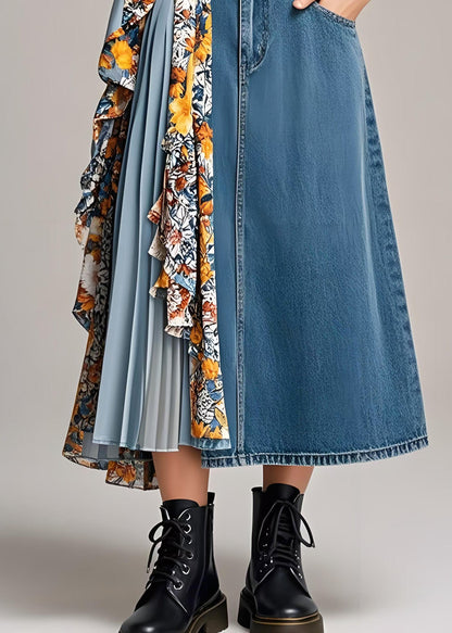Stylish Navy Asymmetrical Patchwork Wrinkled Denim Skirts Spring