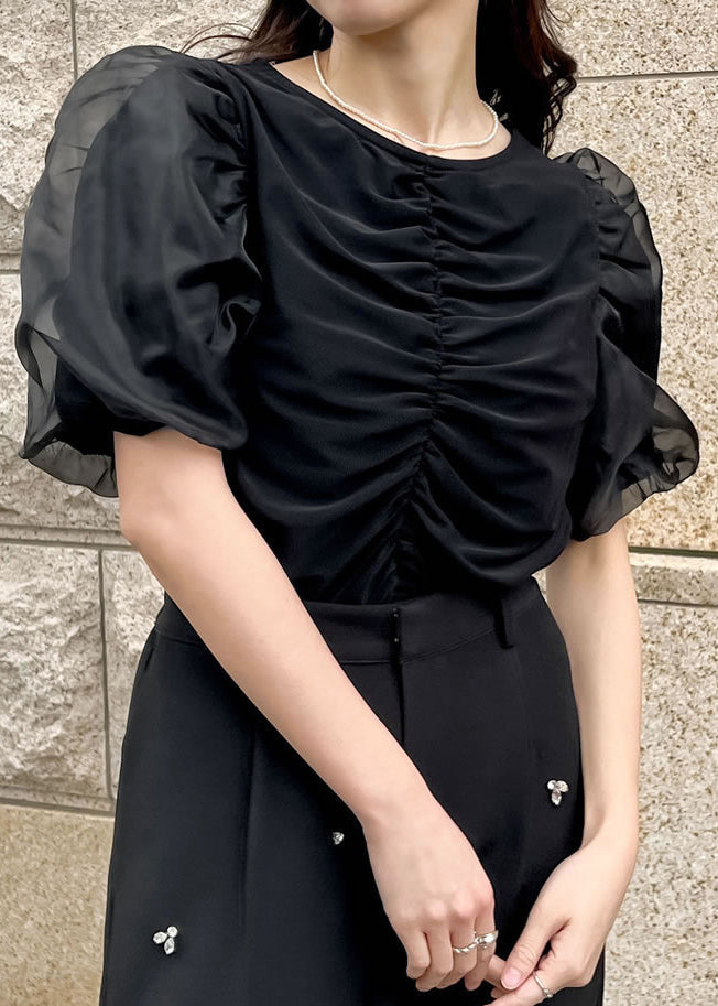 Black Puff Sleeve Wrinkled Cotton Tanks