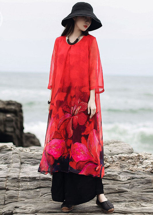 Natural Red Print Chiffon Maxi Dress Three Quarter Sleeve