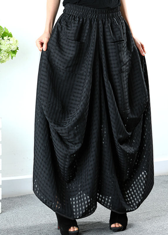 Simple Black Pockets Plaid Wide Half Skirt Spring