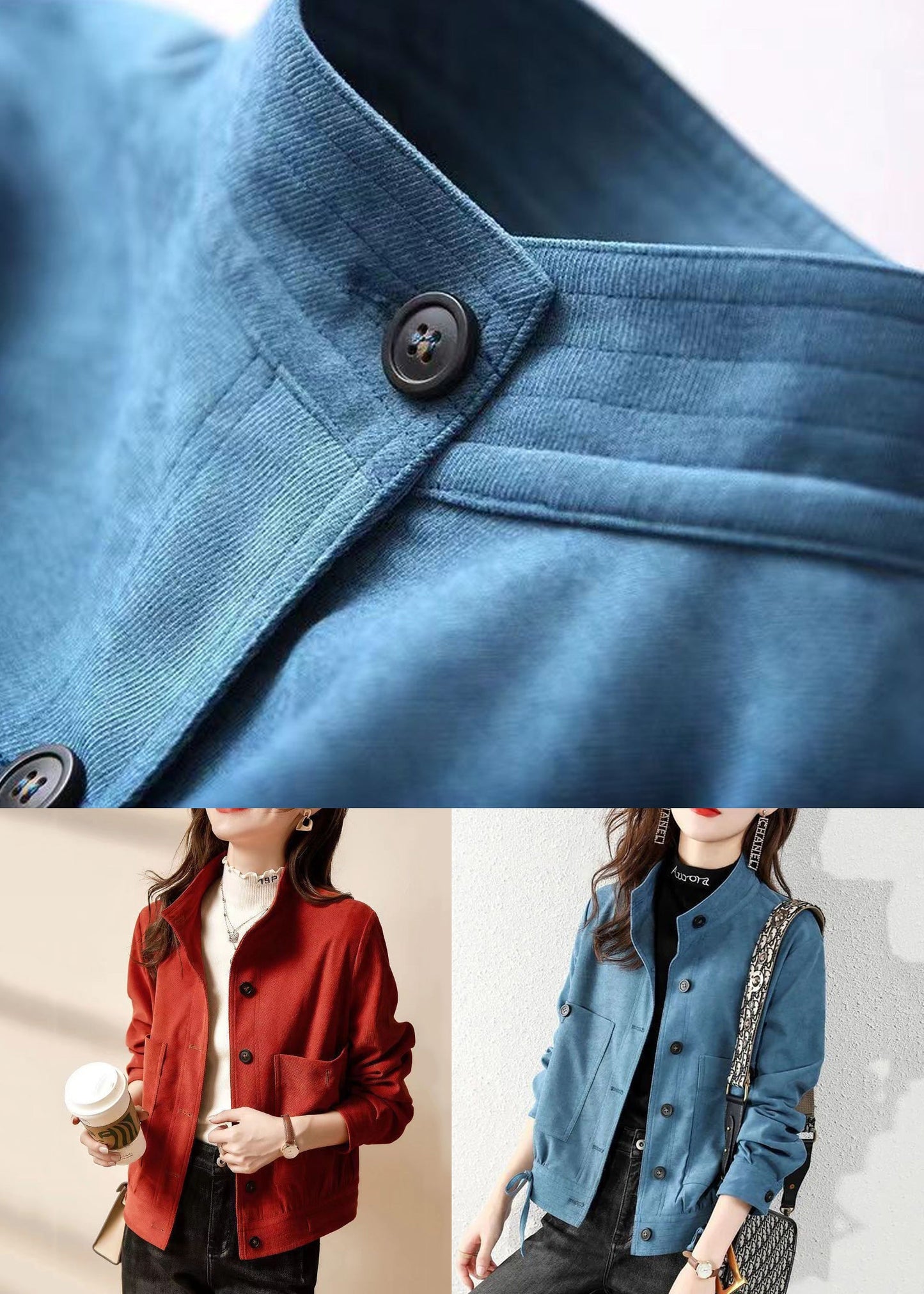 Red Button Pockets Patchwork Cotton Coats Long Sleeve