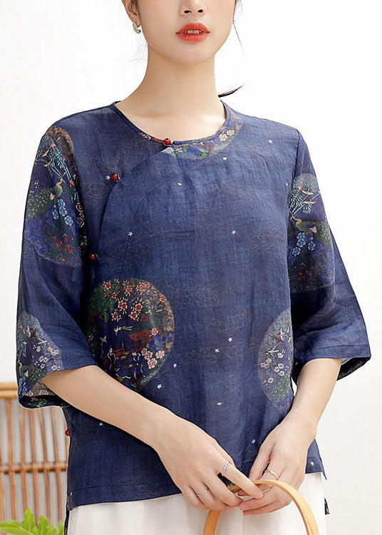 Tibetan Blue Button O-neck Print Linen Shirt Tops Half Sleeve